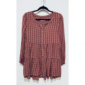 Lucky Brand Top Womens Large Burgundy Plaid Flannel Tiered Tunic Cottagecore